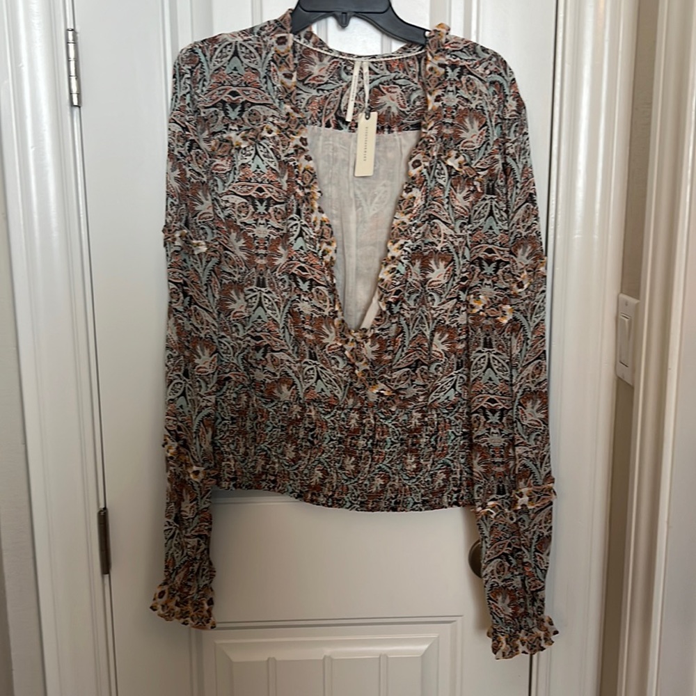 NWT Anthropologie Floral Paisley Long-Sleeve Blouse in Brown and Teal